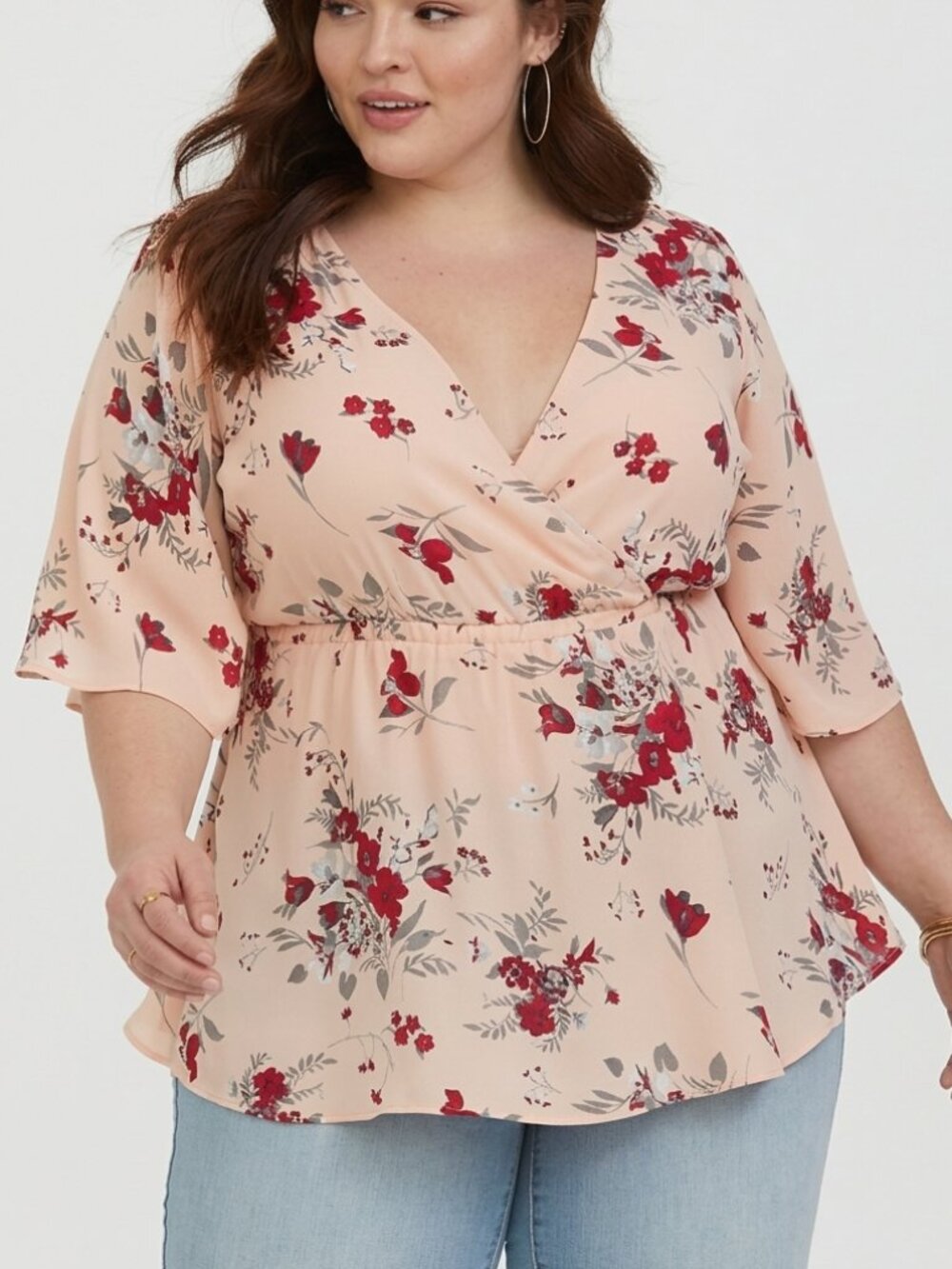 TORRID 2 Plus Size Lily Babydoll Georgette Surplice Blouse Peach Pink Floral 2X